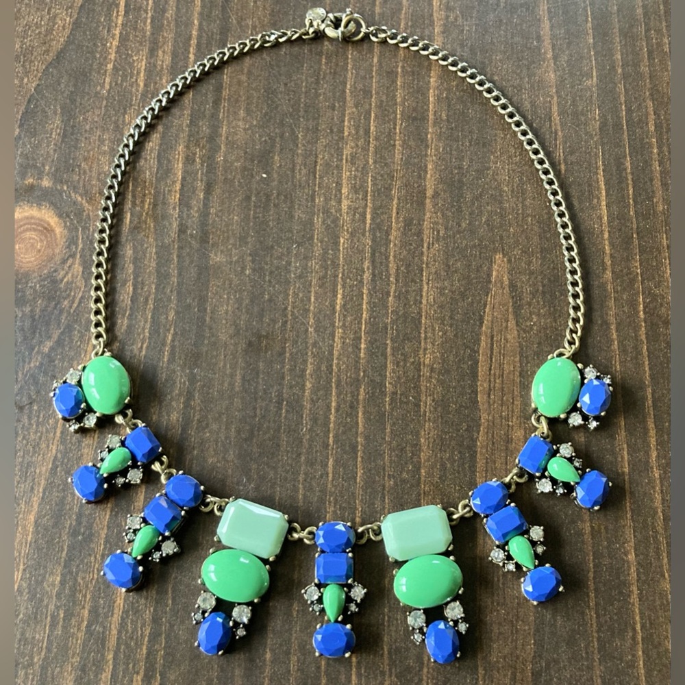 J. CREW Vintage Blue & Mint Green Cabochon & Rhinestone Statement Necklace